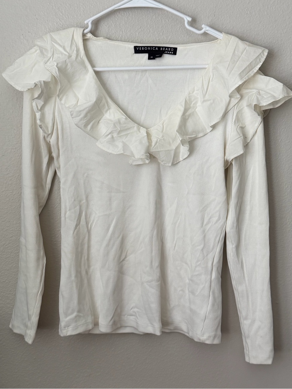 Veronica Beard Strata Ruffle V-Neck Top White Long Sleeve Blouse XS quiet luxe - Picture 2 of 6